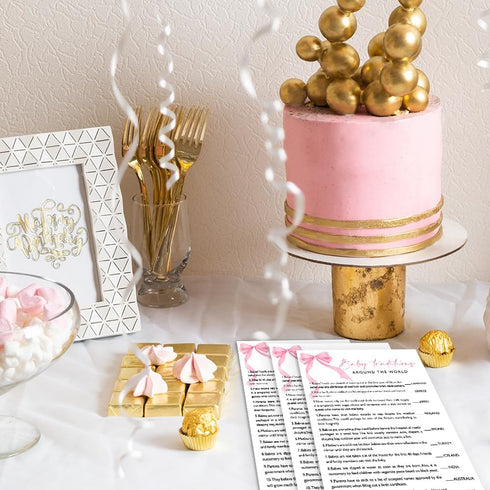 25 A06 Baby Traditions Around The World Shower Game, Ready-to-Play Pink Bow Cards with Answer Key, Fun & Educational