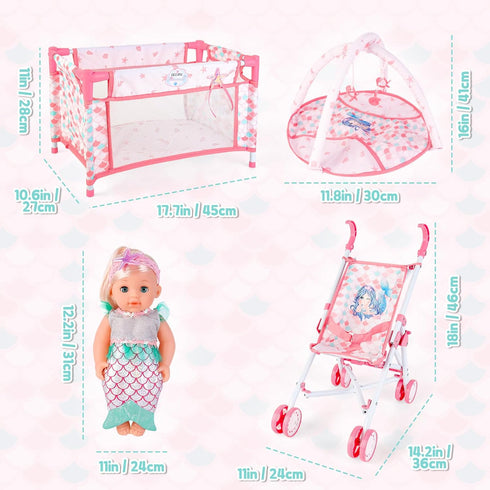 deAO Baby Doll Stroller Crib Bed Nursery Role Play Set, Baby Doll Accessories with Travel Cot and Foldable Stroller