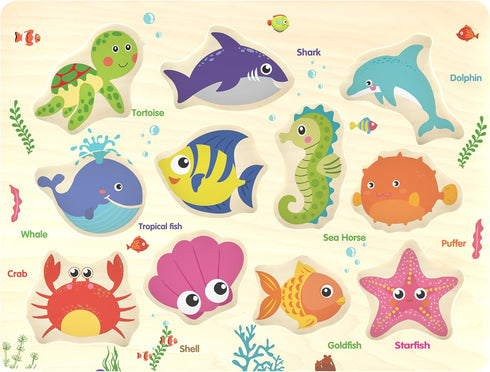 18 11 Wooden Peg Puzzle, Sea Creature Chunky Baby Puzzles, Colorful Wood Shape Puzzle Peg Board, Animal Knob Puzzles