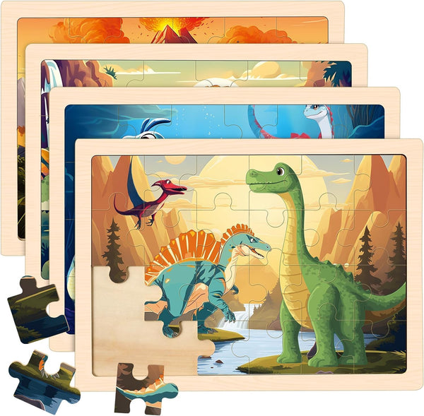 4 Packs Puzzles for Kids Ages 4-6 - Wooden Dinosaur Puzzles for Toddlers Ages 2-4, Educational Dino Toys