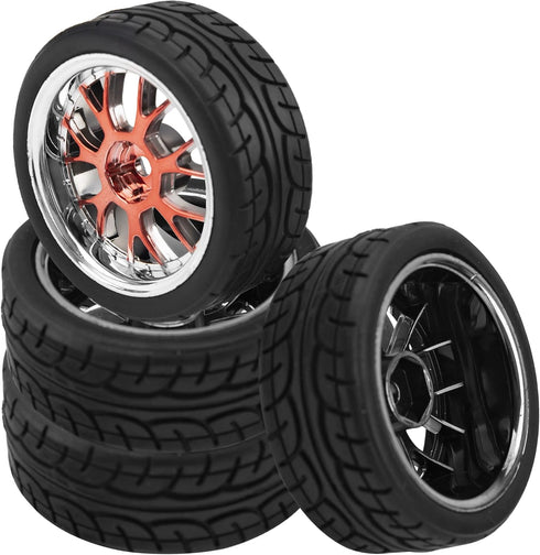 4Pack HIRCQOO 12mm Hex Plastic Wheel Rims & 2.59" Rubber Tires Set w/Foam Compatible with Traxxas Kyosho HPI Tamiya TT-01 TT-02 Sakura HSP 1/10 RC On-Road Touring Car (Red)