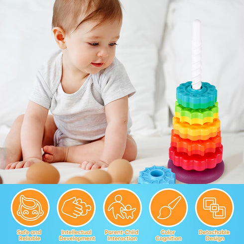 Spinning Stacking Toy for Kids, Premium Dual-Color Rainbow Tower Spinning Wheels, BPA-Free ABS Plastic, Fun Learning