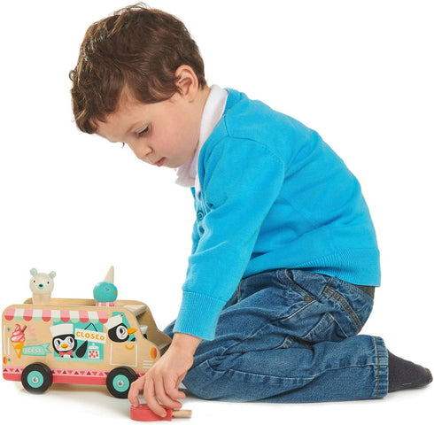 18m+ Tender Leaf Toys - Penguins Gelato Van - Food Truck Style Pretend Food Play Ice Cream Wooden Vehicle - Encourage