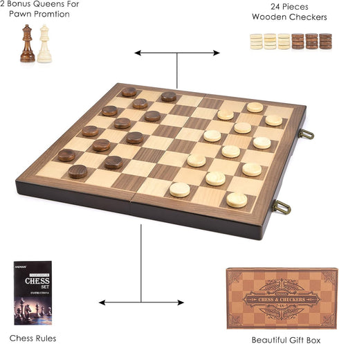 AMEROUS Magnetic Wooden Chess and Checkers Game Set, 15 Inches, 2 Extra Queens, Gift Package