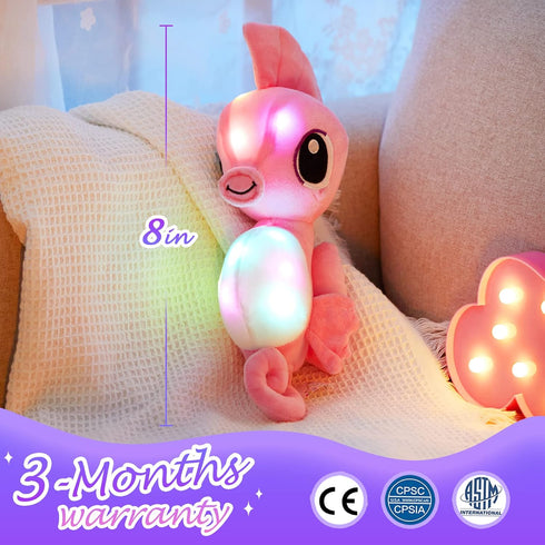 Athoinsu Light up Seahorse Stuffed Animals, LED Soft Plush Toy with Night Light for Kids, 8'' Pink