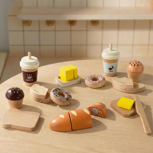 Set, 3+ PairPear Wooden Bakery Play Food Pretend Play Kitchen Accessories with Shopping Bag, Kids Cutting Food Gift