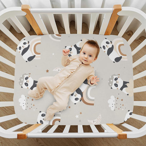 CaTaKu 28"x 52" Pandas Rainbows Clouds Mini Crib Sheets for Girls Boys Baby Mattress Sheets Fitted, Soft Toddler