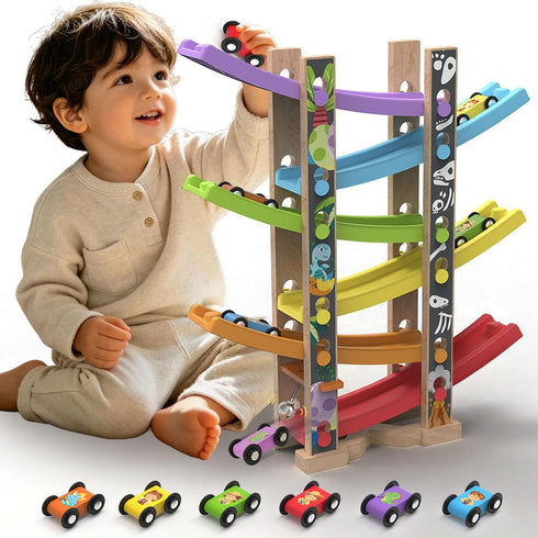 Wooden Race Track Car Ramp Racer Toy for Toddlers, Dinosaur Car Ramp