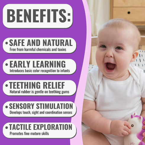 0-6, CaaOcho Pure Natural Rubber Teething Baby Toy - Mira The Unicorn Teether for Babies, BPA Free Baby Toy, All