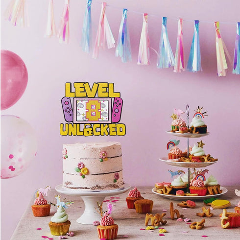 Girls Level 8 Unlocked Cake Topper, Glitter Gaming 8th Birthday Decoration, Video Game Theme Party Favor