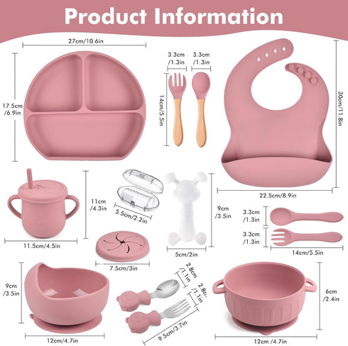 mraisebossup Set 15 Setpink Silicone Baby Feeding PcsBaby Spoons Suction Bowl Divided Plate Bib Cup Finger Brush Baby