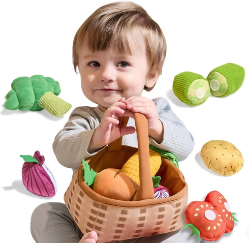 TUMAMA Plush Veggie Basket Play Set Stuffed Vegetable Toys, Baby Toys for