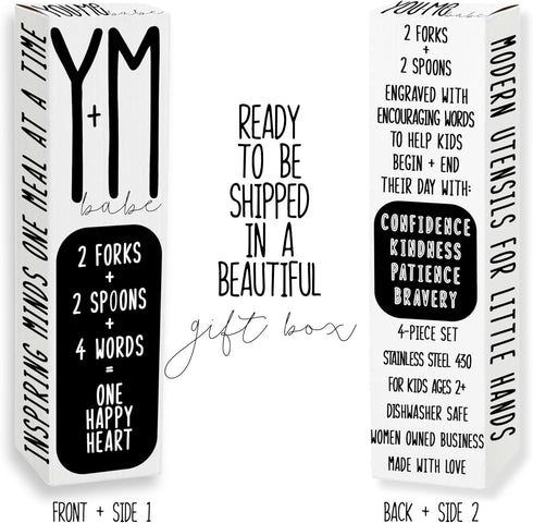 Emotions 4pcs Utensil Set for Kids, Stainless Steel Cutlery Engraved with Motivational Words, Ages 2+, Valentine's Day