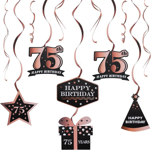 LINGTEER Happy 75th Birthday Decorations, 12Pcs Black & Rose Gold Swirls Streamer Set for 75 Years Old Bday Party
