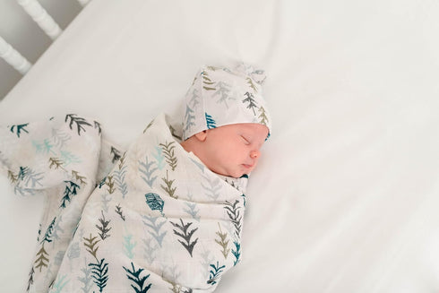 Miaoberry Forest Organic Muslin Swaddle Blankets for Baby Boy with Matching Hat and Wooden Hello World Newborn Sign |