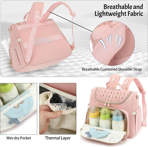 Bevkois Backpack Small Diaper Bag Quilted Mini Baby Crossbody Diaper Bag Tote for Mom and Baby Girls Boys (Pink)