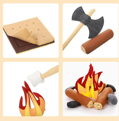 17 Pcs Pretend Camping Play Set - Decorative Round Throw Pillows, Safe Fake Campfire Plush Wood Shaped Floor Cushion
