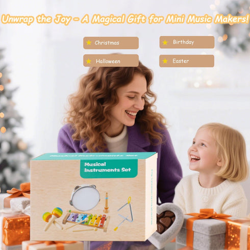 1 2 1-3, Set Montessori Toys for Year Old, Wooden Musical Instruments for Toddlers Educational Baby Drum with Xylophone
