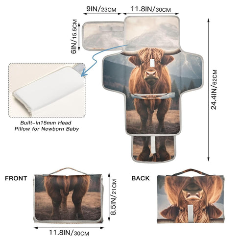 WELLDAY Highland Cow Portable Diaper Changing Pad - Waterproof Foldable Baby Diaper Changing Pad with Built-in Pillow