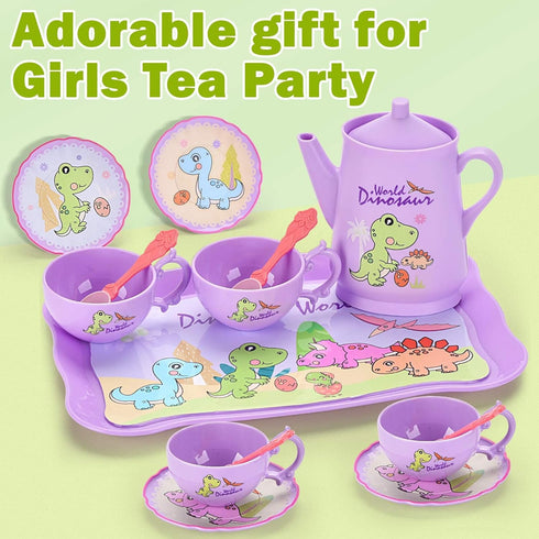 Set Set, 3 4 5 6 Lajeje Dinosaurs Tea Party for Little Girls, Pretend Plastic Teapot Princess Tea Time Play Kitchen Toy