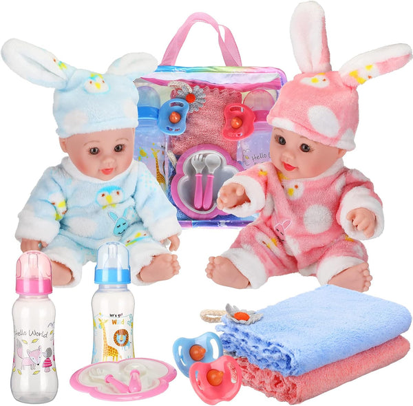 Jerify 10 Pcs Realistic Soft Twin Baby Dolls Toy Set - Includes 2 Pcs 12 Inch Dolls, Feeding Set, Pacifiers, Diapers,