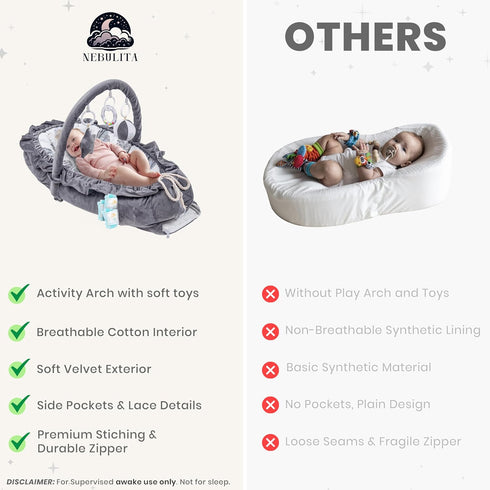Nebulita 100% Newborn Lounger Leaf Gray - Flexible & Portable w/Infant Support Cushion, Soft & Breathable Cotton