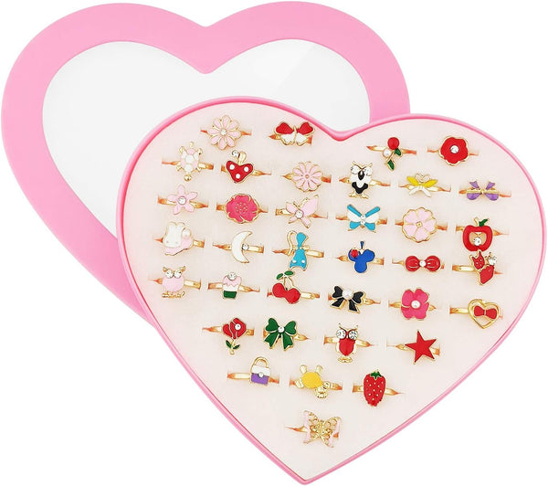 36 pcs Adjustable Rings in Box, Children Kids Little Girl Pretend Play Jewelry Set with Heart Shape Display Case
