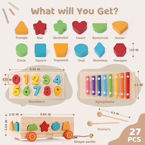 Set Shape Sorter - Wooden Xylophone and Montessori Number Puzzle for Babies - Educational Sorting Game with Storage Car