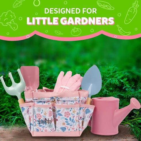 Set Floral Kids Gardening - Toddler Garden Tools, No-Leak Watering Can & Quality Tote Bag - Safe Metal Tools for Kids