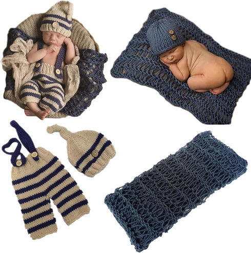 3 PCS Newborn Photography Prop Baby Hat Knitted Handmade Cover Diaper with Toddler Swaddle Blankets Wraps