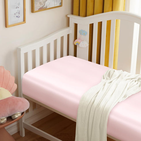 2 Pack, 28 52 8 Inch Entisn Satin Crib Sheets x x Soft Fitted Crib Mattress Sheets for Baby Girls, Baby Pink and Light