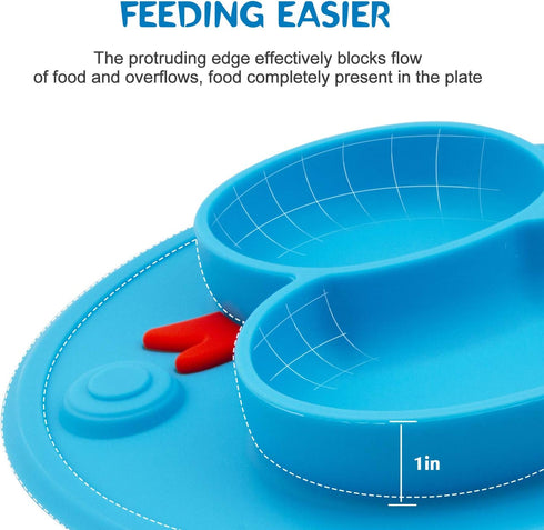 Baby Divided Plate Silicone - Portable Non Slip Feeding Plate with Suction Cup for Kids, BPA Free (Duck-Blue)