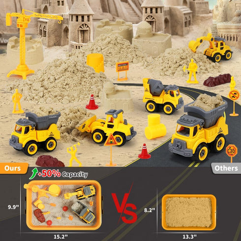 Set, 2.2lbs 4 3-8 OENUX Play Sand Construction Beach Building Castle Kit w/ Play Sand, Take Apart Construction Trucks