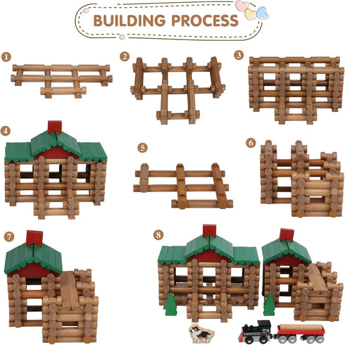 Wondertoys 208 Pcs Classic Wooden Log Set, Real Wood Building Logs for Ages 3+, Retro Gift Set for Boys