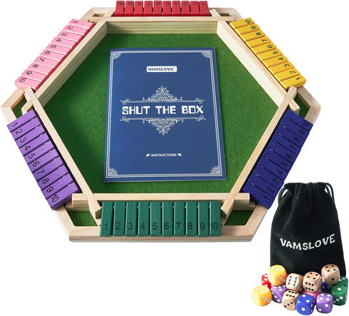 6 12+4 6 Vamslove Shut The Box Game for Player with Dice - Colorful Sided Wooden Board Math Number Games for Kids