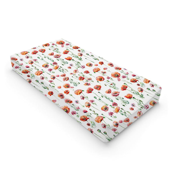 Watercolor Poppy Floral Changing Pad Covers, Red Poppy Flowers Sheets for Boys Girls, 32''x16''