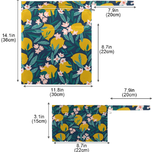 visesunny 2Pcs Lemon Floral Wet Bag with Zippered Pockets Washable Reusable Roomy