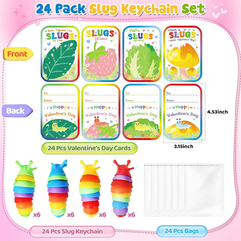 Kids,24 Pack AuroTops Valentines Day Cards for Cute Keychains Bulk Sensory Slug Fidget Toys with Valentines Cards