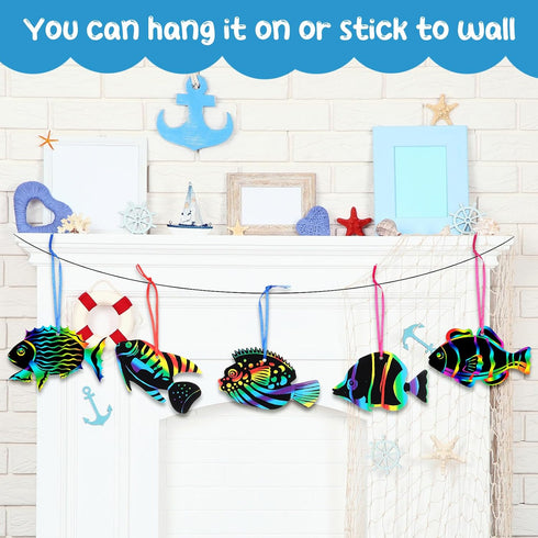 Motionchic 80 Pieces Tropical Fish Scratch Card for Kids, Rainbow Ocean Fish Paper Crafts for Summer Party DIY