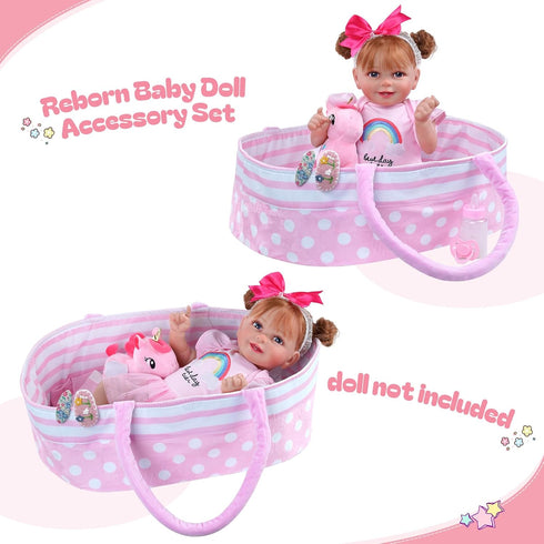 BABESIDE 13 Pcs Reborn Baby Doll Clothes with Bassinet for 17-22 Inch Dolls, Pink Outfit Accessories
