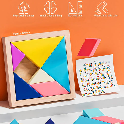 GEKELI 4 Pack Wooden Blocks Puzzles, Russian Blocks, Hexagon Puzzles, Tangrams Puzzles, Board Tic Tac Toe Game, Brain