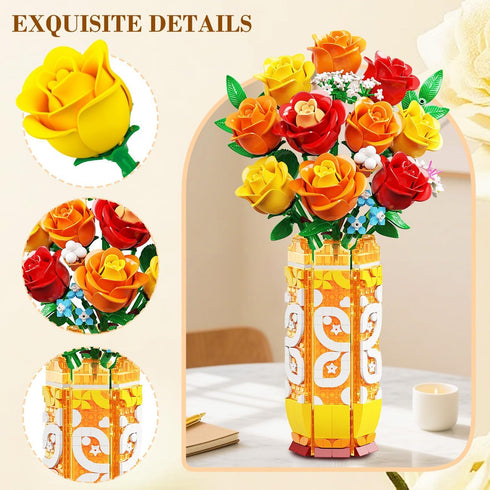 Set 3.6MM CUBIMANA Flower Bouquet Building with Vase & LED Light, Yellow, Orange and Red Roses Mini Building Blocks