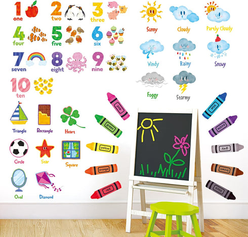 DS9-8056 DECOWALL Numbers Crayons Weather and Shape Wall Decals Stickers Kids Nursery Classroom Bedroom Room dcor