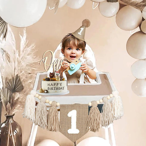 1st Boho Nude Birthday Highchair Wood Bead Tassel Garland Conical Cap Wooden Cake Topper For Boys