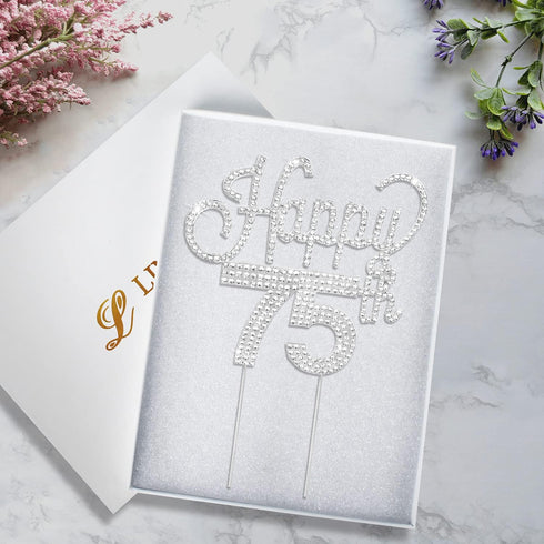 LINGTEER Happy 75th Birthday Silver Rhinestone Cake Topper - Cheers to 75 Years Old Anniversary Party Cake Centerpieces