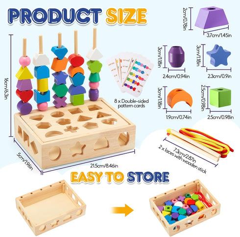 Montessori Educational Wooden Toys for Toddler 3-5 Years - Lacing Beads, Stacking Blocks, Shape Sorting Gifts for Kids