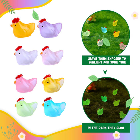 120 Pcs Luminous Mini Hens Figurines Glow in The Dark Tiny Resin Cute Chicken Miniature Ornament Charms for Dollhouse