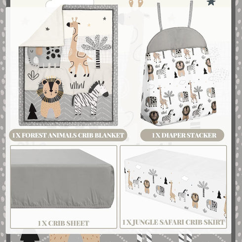 4 Set, Piece Woodland Forest Animals Crib Bedding Including Jungle Safari Crib Skirt, Blanket, Nursery Bed Sheet