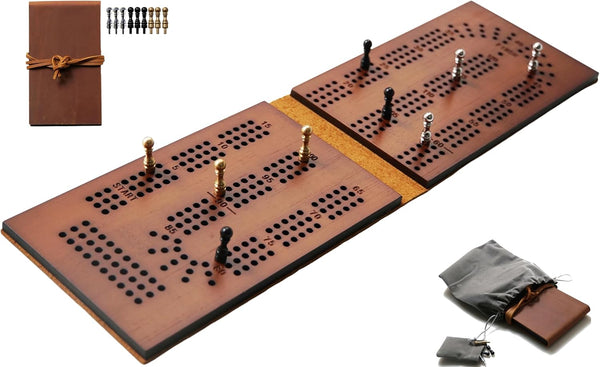 Jeereal Travel Cribbage Board Game Leather & Solid Bambo-Wood Pocket Sized Tiny Card