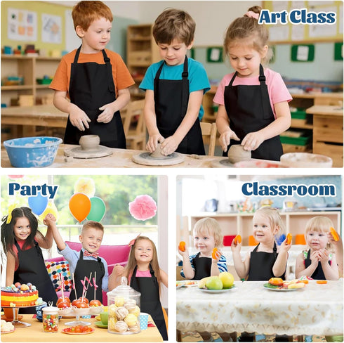 30 Pcs Kids Apron Bulk Adjustable Children Bib Aprons with Pockets for Girls Painting Kitchen Cooking Baking (Black, L)